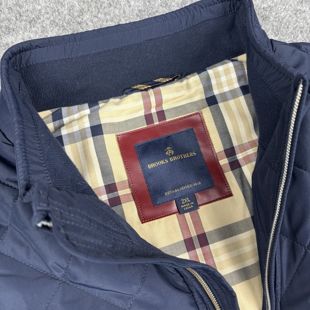 Brooks Brothers Quilted Puffer Vest Mens 2XL Blue Full Zip Plaid Lined Casual